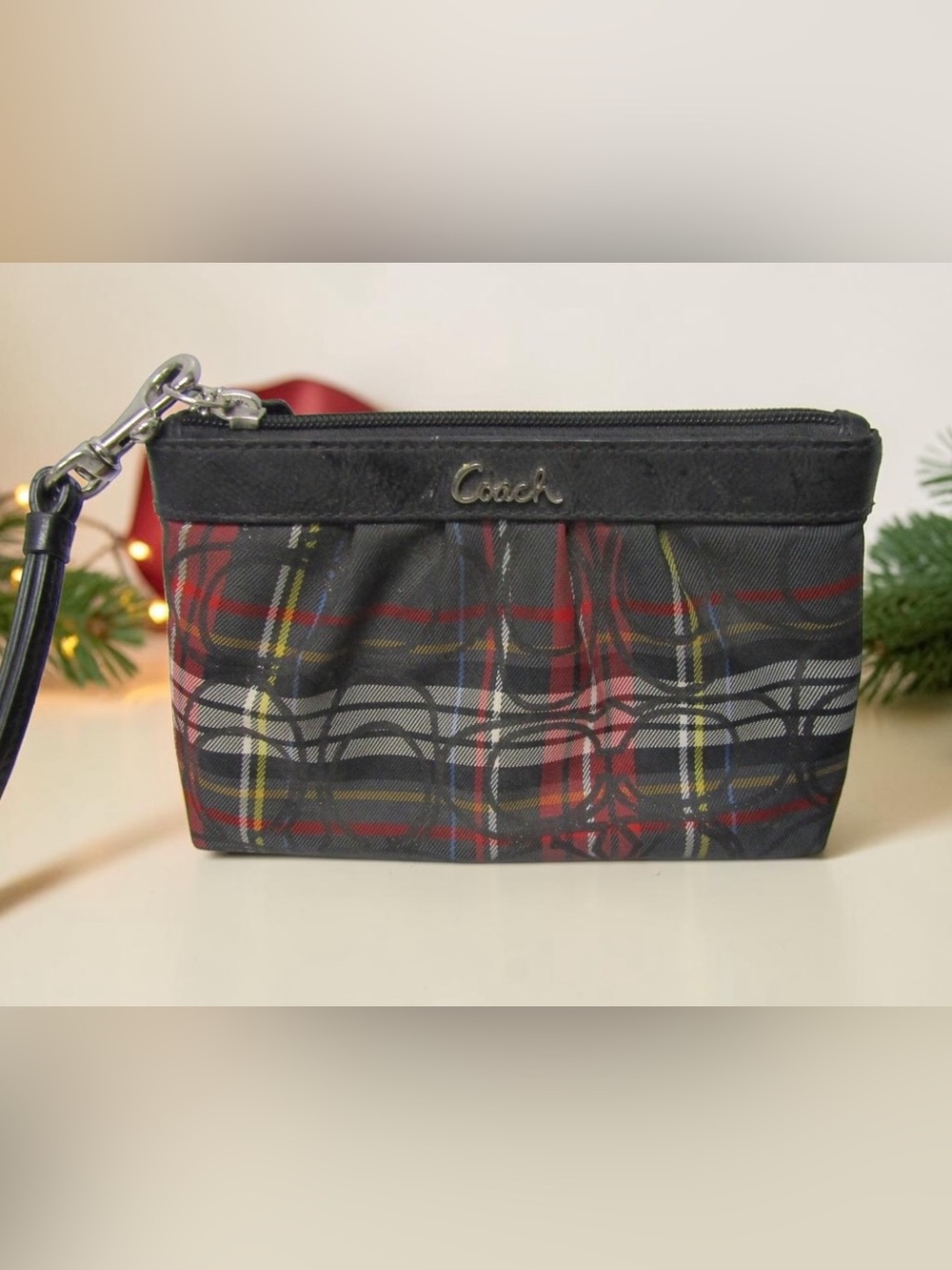 Coach Tartan Plaid Pleated Wristlet Black Red Leather Trim Authentic